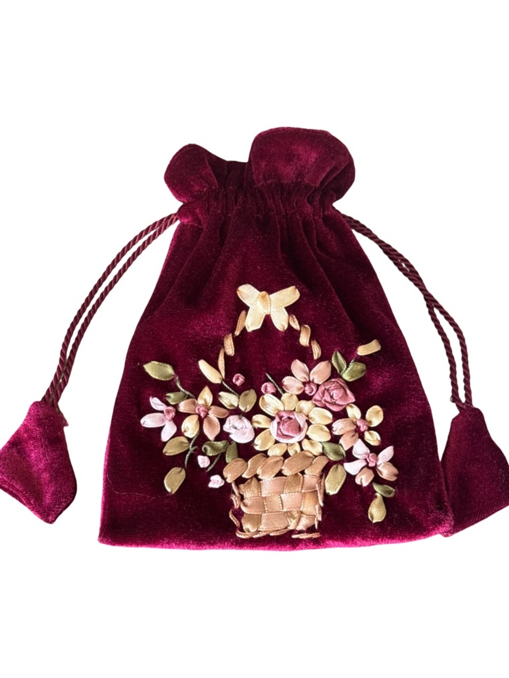 Source Unknown Burgundy Velvet Drawstring Bag with Ribbon Floral Basket